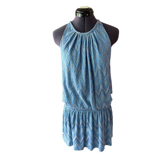 NWT Ramy Brook Blue Chevron Smocked Mini Dress Halterneck Size L - Picture 2 of 10